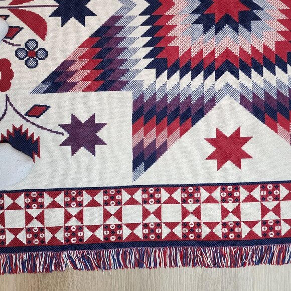 Woven Blanket Wall Hanging Patriotic Red White Blue Fringed Flowers Patchwork - Picture 6 of 14